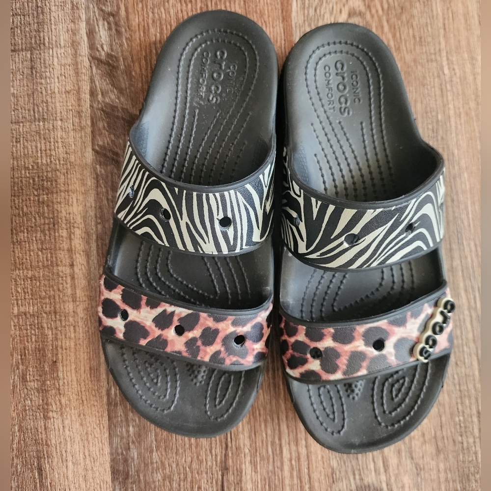 CROCS Black Slide Sandals with Zebra & Leopard Straps